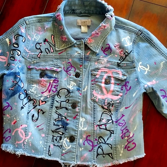 Hand Painted Distressed Crop Denim Jacket - Picture 1 of 3